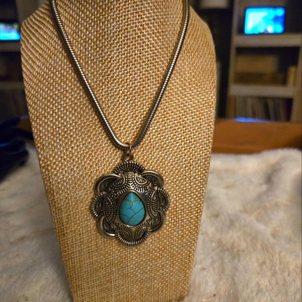 **3/$10** Vintage Silver Pendant Necklace with Turquoise Stone